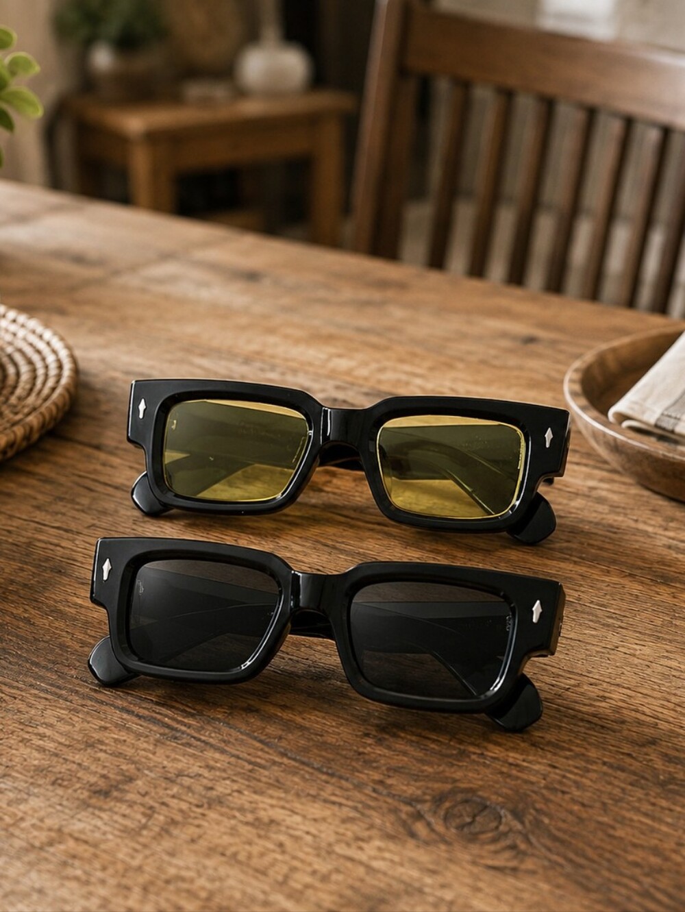 Chunky Rectangular Black Sunglasses with Yellow and Black Lenses